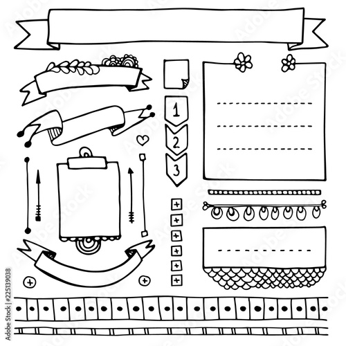 Bullet journal hand drawn vector elements for notebook, diary and planner. Doodle banners isolated on white background. Notes, list, frames, dividers, ribbons.