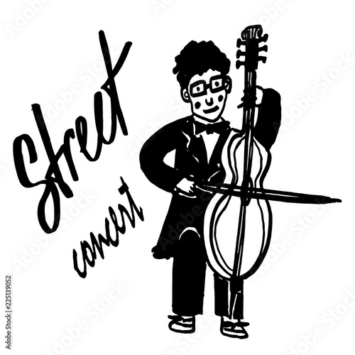 picture drawing curly street musician in a black tails and bow tie playing the cello, sketch, hand-drawn vector illustration