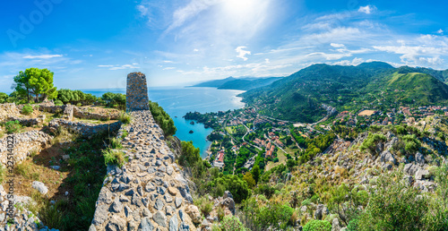 View of Cefalu and Promontorio de Torre Caldura seen from Norman Castle, La Rocca park, Sicily island, Italy photo