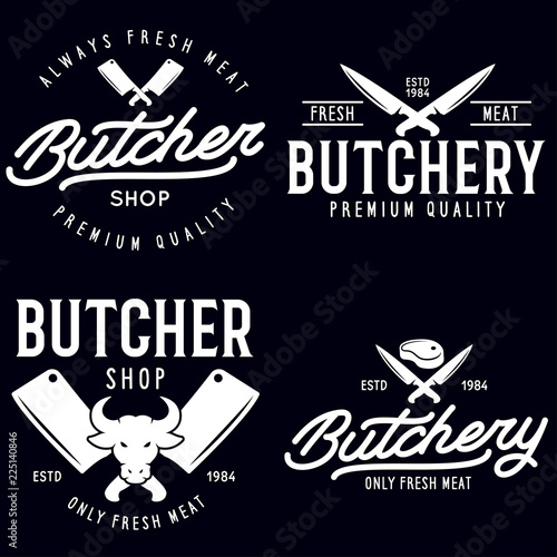 Butcher shop labels badges emblems set. Butchery store advertising design elements collection. Meat shop typography.