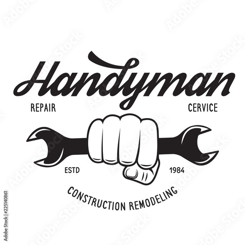 Handyman label, badge, emblem, design element. Tools silhouettes. Carpentry related vector vintage illustration.