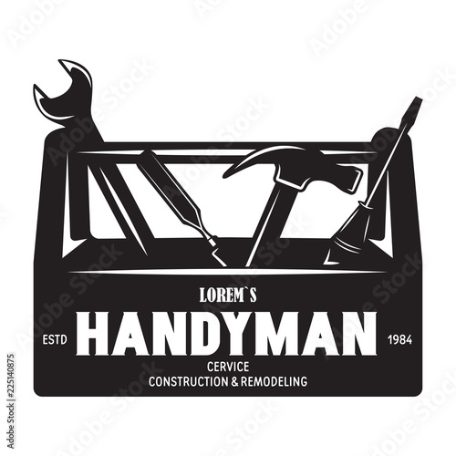 Handyman label, badge, emblem, design element. Tools silhouettes. Carpentry related vector vintage illustration.