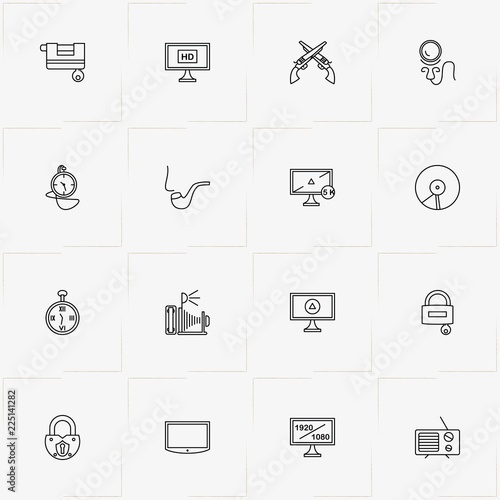 Vintage line icon set with lock, smoking pipe  and television