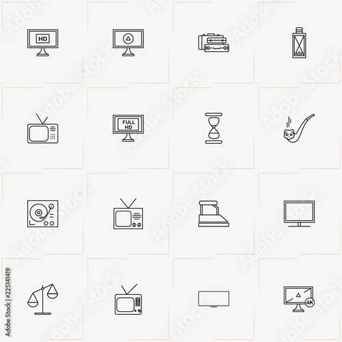 Vintage line icon set with retro flatiron , smoking pipe  and television