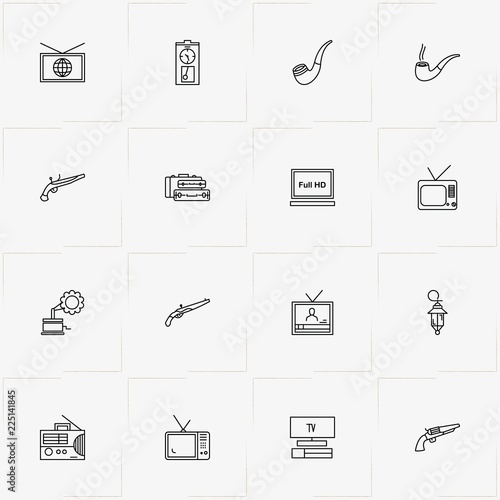 Vintage line icon set with television, revolver and vintage cases
