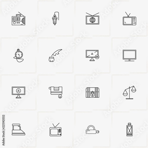 Vintage line icon set with lock, lantern and television