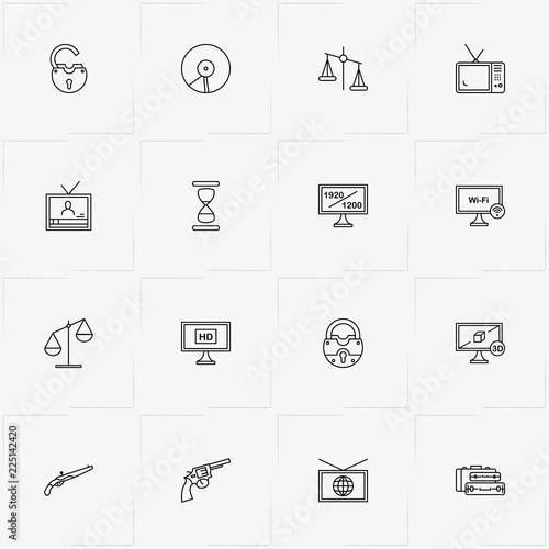 Vintage line icon set with vintage cases, revolver and television