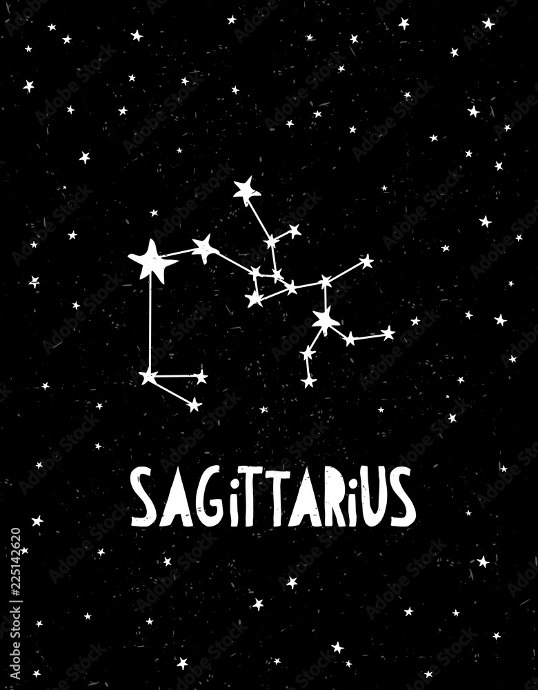 Sagittarius Symbol. Hand Drawn Zodiac Vector Illustration. Starry Background. Black and White Childish Style Design.