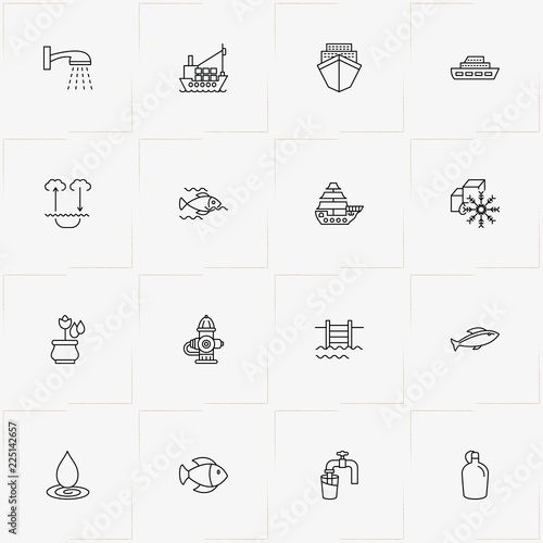 Water line icon set with fireplug , fish and watering flowers