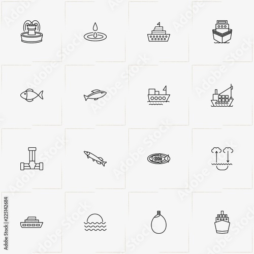Water line icon set with sea, water cycle and fish