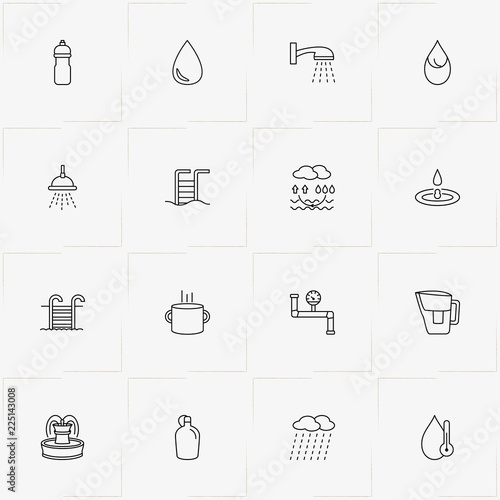 Water line icon set with water drop, fountain  and water meter
