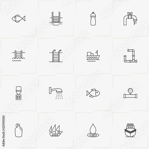 Water line icon set with water meter, water flask and swimming pool ladder