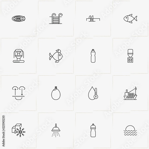 Water line icon set with fish, water flask and swimming pool ladder