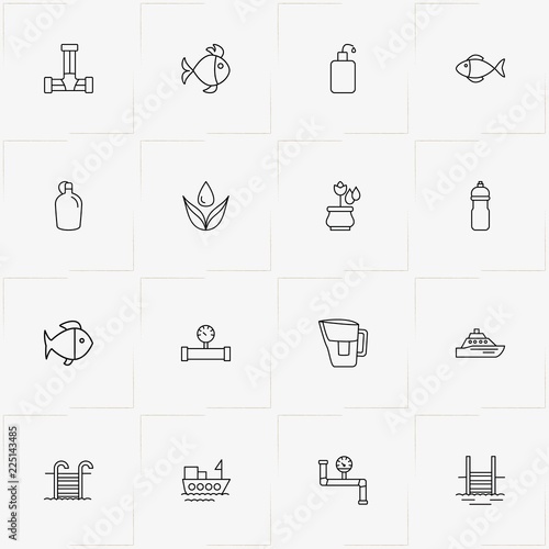 Water line icon set with water pipe , kettle filter and fish