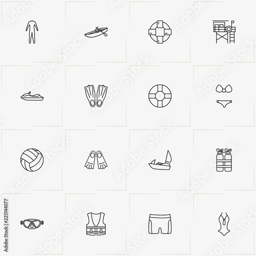 Water Sport line icon set with life vest, water scooter and bikini