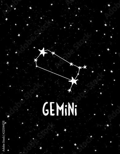 Gemini Symbol. Hand Drawn Zodiac Vector Illustration. Starry Background. Black and White Childish Style Design.