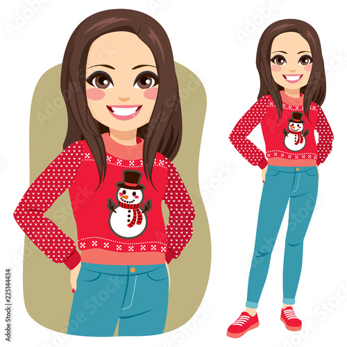 Beautiful brunette young woman with ugly Christmas sweater standing