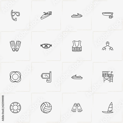Water Sport line icon set with diving mask , flippers  and water scooter