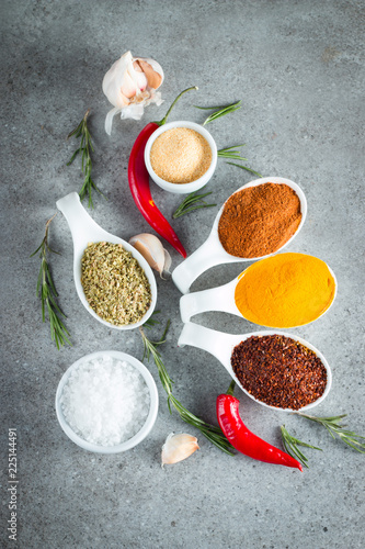 Spices in Wooden spoon. Herbs. Curry, Saffron, turmeric, rosemary, cinnamon, garlic, pepper, anise on wooden rustic background. Collection of spices and herbs. Salt, paprika. Copy space. 