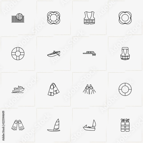 Water Sport line icon set with flippers , sailing boat  and diving tank