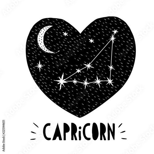 Capricorn Symbol. Hand Drawn Zodiac Vector Illustration. White Background. Black and White Stars and Moon. Childish Style. Starry Night Sky Inscribed in the Shape of a Heart. Black Hand Written Letter