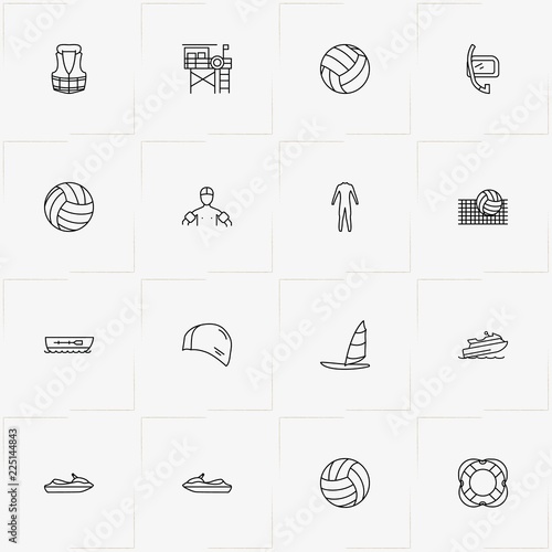 Water Sport line icon set with boat, sailing boat  and lifeguard house