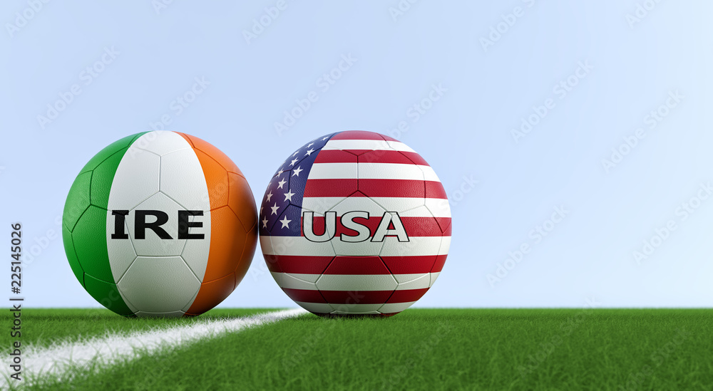 Ireland vs. USA Soccer Match - Soccer balls in Ireland and USA national colors on a soccer field. Copy space on the right side - 3D Rendering Ireland vs. USA Soccer Match - Soccer balls in Ireland and USA national colors on a soccer field. Copy space on the right side - 3D Rendering