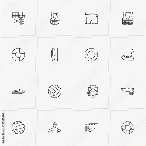 Water Sport line icon set with diving pipe , man swimsuit  and water scooter