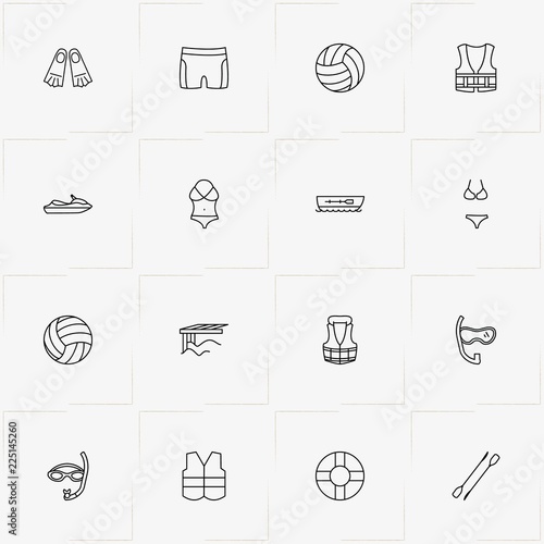 Water Sport line icon set with rowing paddle , boat and man swimsuit