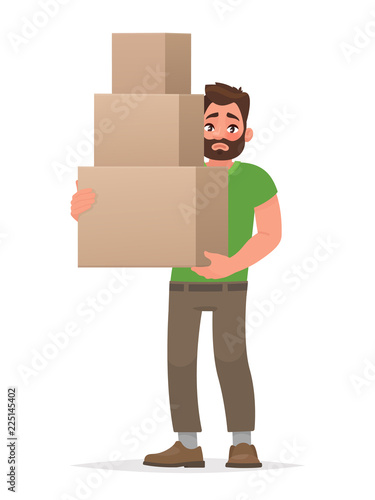 Man is holding boxes on a white background. Vector illustration