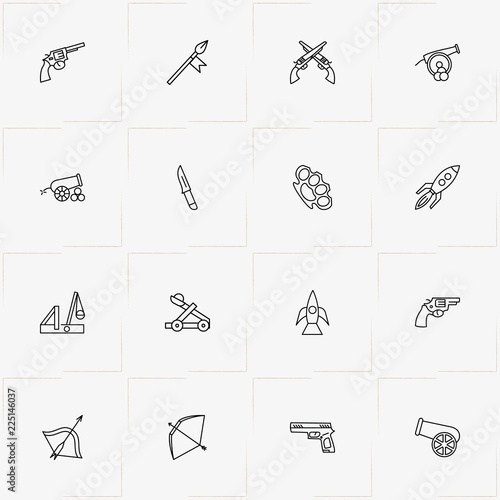 Weapons line icon set with bow and arrow , knife and revolver