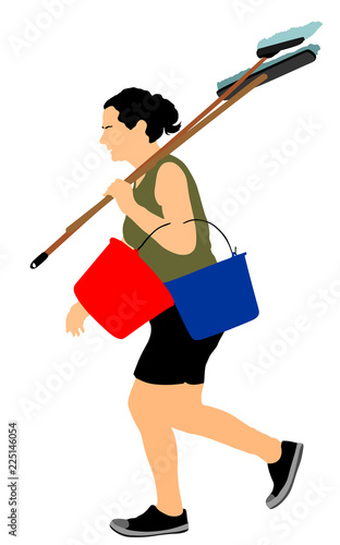 Floor care and cleaning services with washing mop in sterile factory or clean hospital. Cleaning lady service vector illustration. Housemaid cleaner with bucket and equipment. Housework job