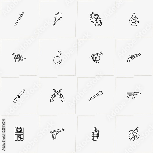 Weapons line icon set with grenade, automatic gun  and dynamite photo