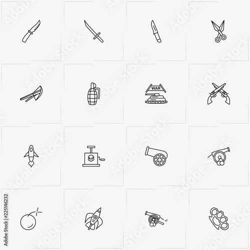 Weapons line icon set with panzer, knife and cannon