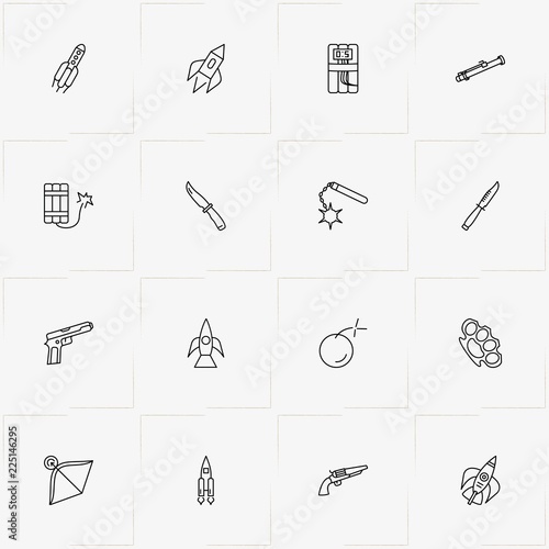 Weapons line icon set with brass knuckles, dynamite and knife