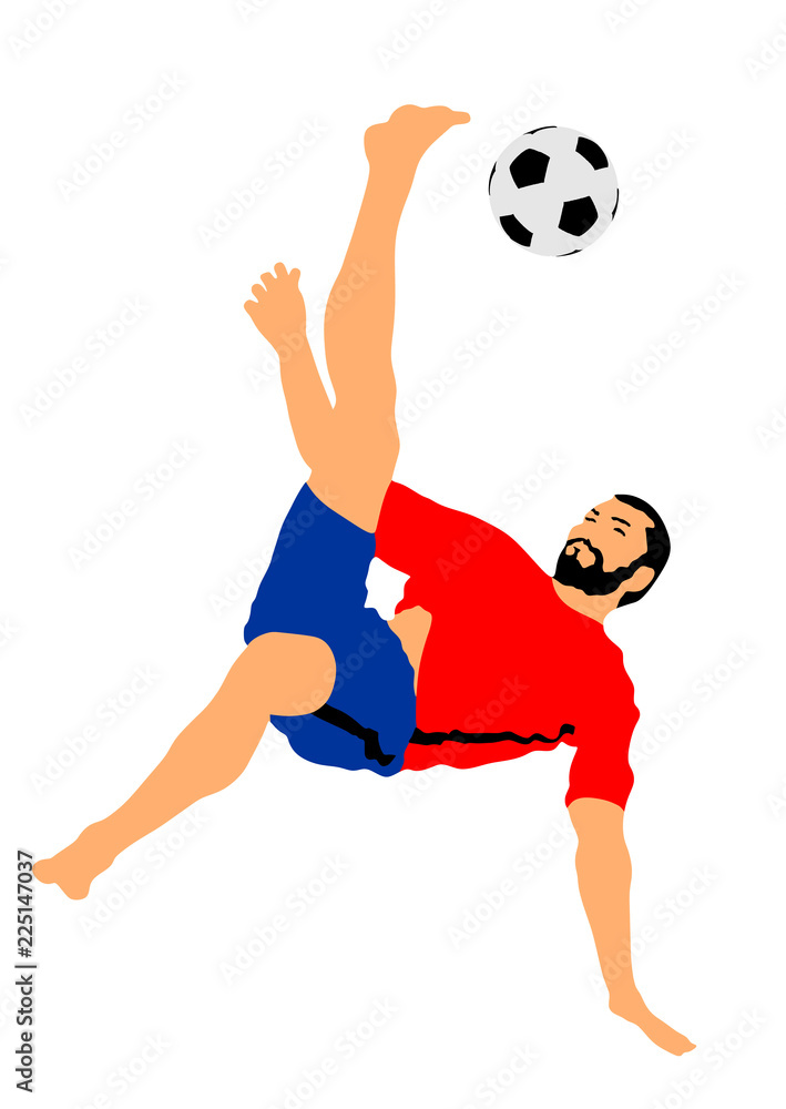 Sand soccer player vector illustration isolated on white. Scissor moves in football game. Beach attraction. Summer fun with ball. Effective move in football. Spectacle for public. Sport man.
