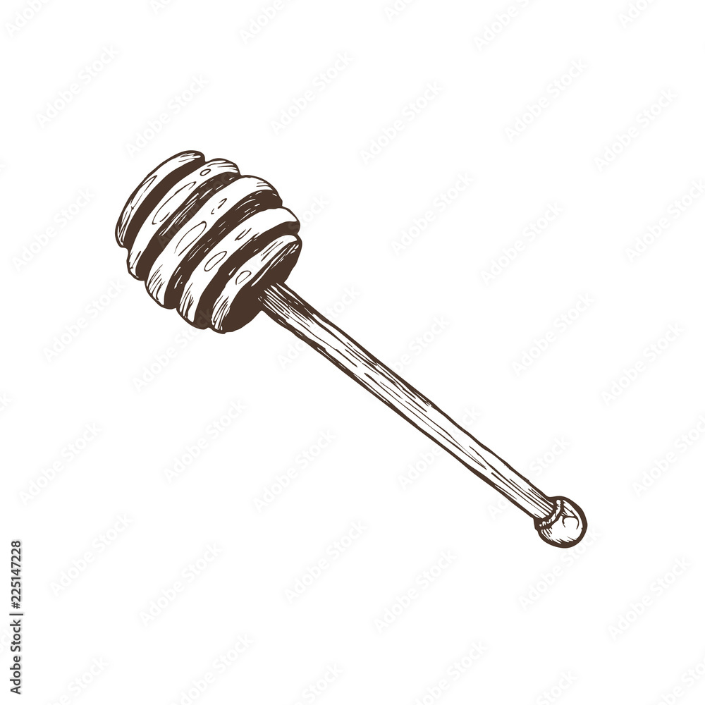 Hand drawn honey wooden deeper stick in sketch style. Vector Illustration isolated on white background. Hand drawn honey wooden deeper stick in sketch style. Vector Illustration isolated on white background.