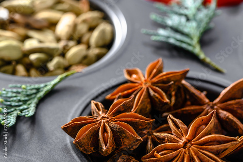 Star anise - christmas spices for baking, food background