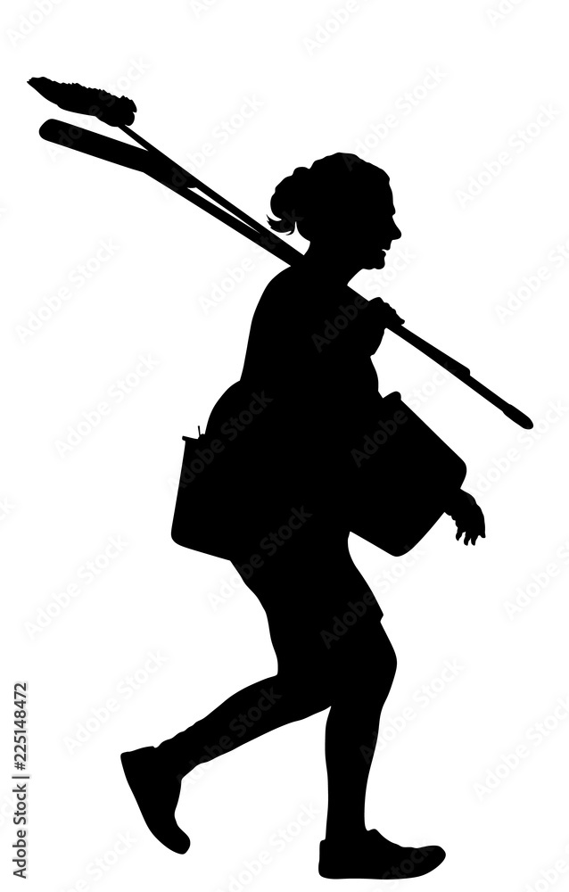 Floor care and cleaning services with washing mop in sterile factory or clean hospital. Cleaning lady service vector silhouette 
 illustration. Housemaid cleaner with bucket equipment. Housework job