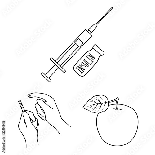 Diabetes outline icons in set collection for design. Treatment of diabetes vector symbol stock web illustration.