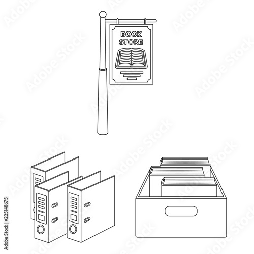 Library and bookstore outline icons in set collection for design. Books and furnishings vector symbol stock web illustration.