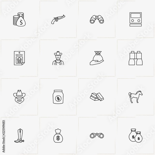 Wild West line icon set with money bag, train and cowboy
