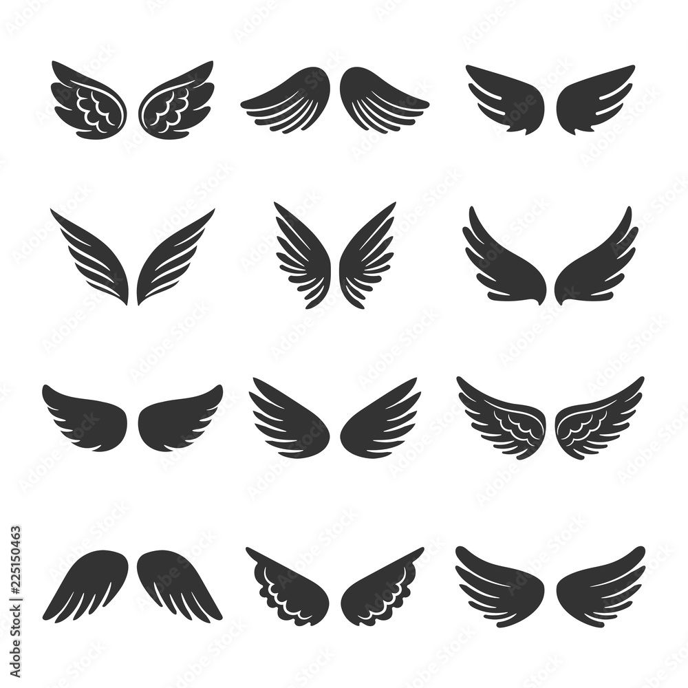 Angels wings silhouettes set isolated on white background, vector illustration