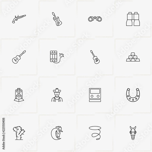 Wild West line icon set with revolver, cactus and lasso