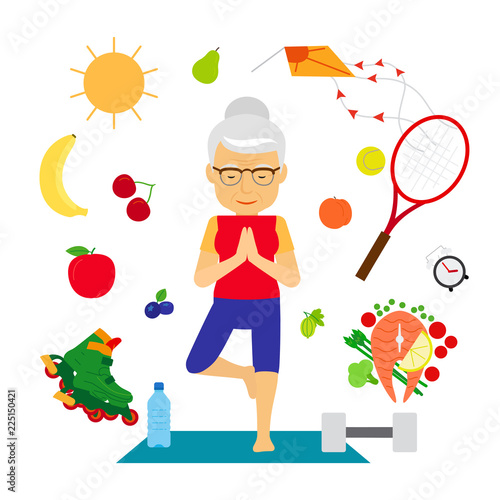 Senior woman healthy lifestyle. Old woman with healthy food, sport equipment going yoga, vector illustration
