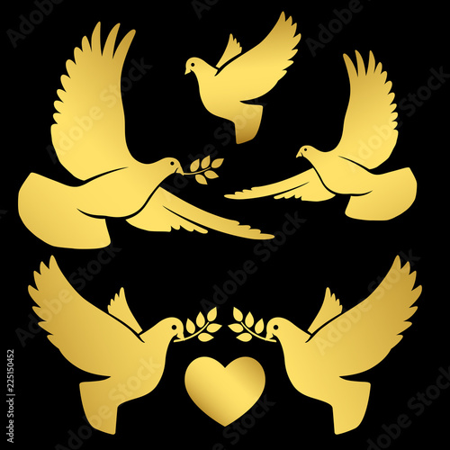 Εκτύπωση καμβά Gold flying dove silhouettes on black background, vector illustration