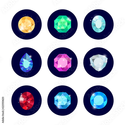 Shine colorful diamond icons set in black curcles, vector illustration