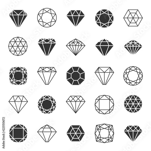 Diamond or brilliants icons set. Line and silhouette diamonds vector collection