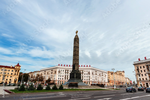 Minsk, Republic of Belarus, September 10, 2018: Victory Square - the square in the center of Minsk, a memorable place in honor of the heroism of the people during the Great Patriotic War.
