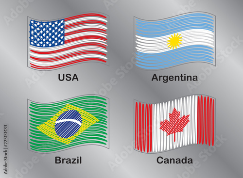 American Flags. USA. Brazil. Argentina. Canada. Vector Set